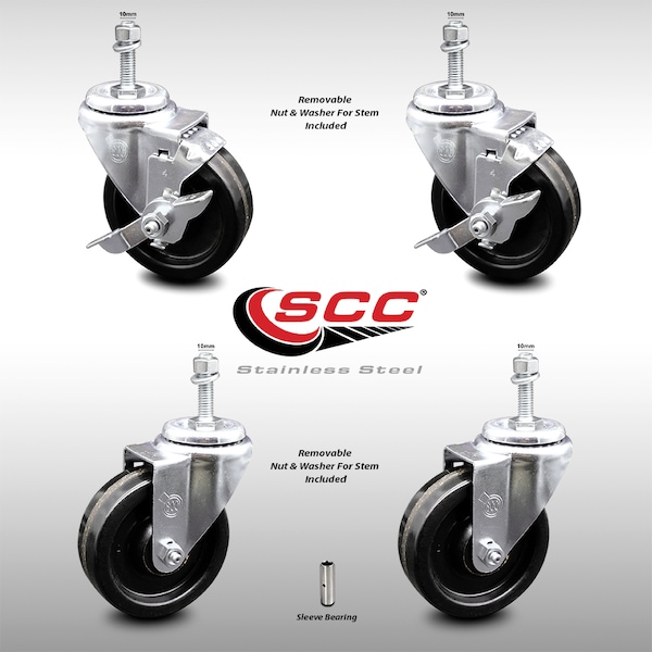 Service Caster 4 Inch SS Phenolic Wheel Swivel 10mm Threaded Stem Caster Brakes SCC, 2PK SCC-SSTS20S414-PHS-M1015-2-TLB-2 - main